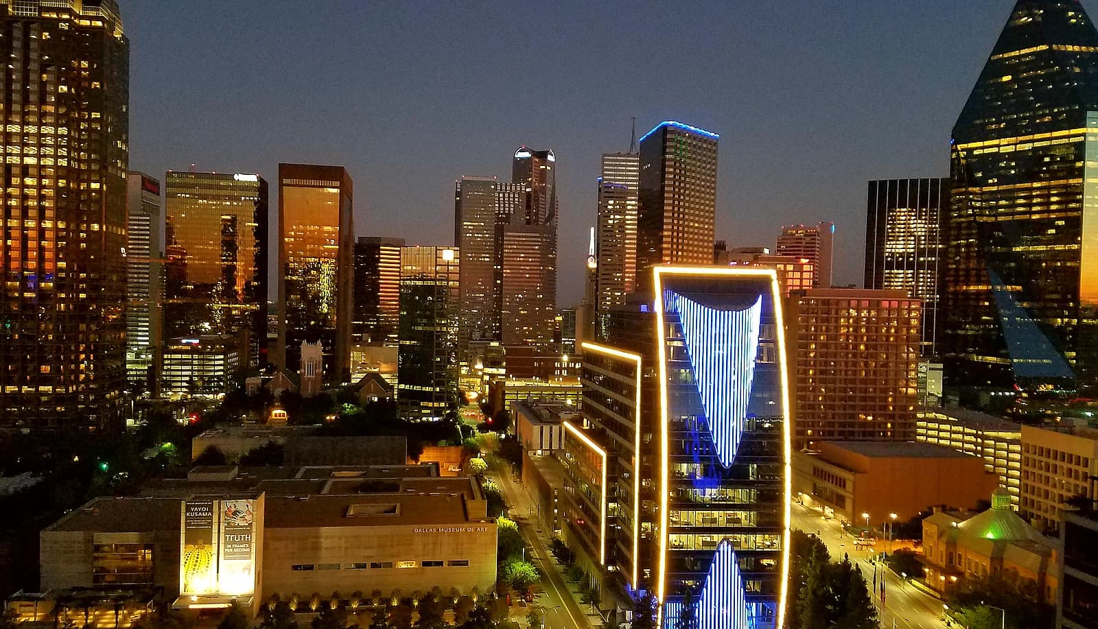 Dallas skyline at night near the Harwood District
