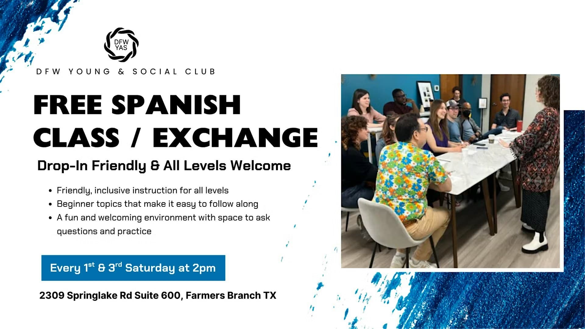 Free Spanish Class / Exchange โ Drop-In Friendly & All Levels Welcome at DFW Young & Social